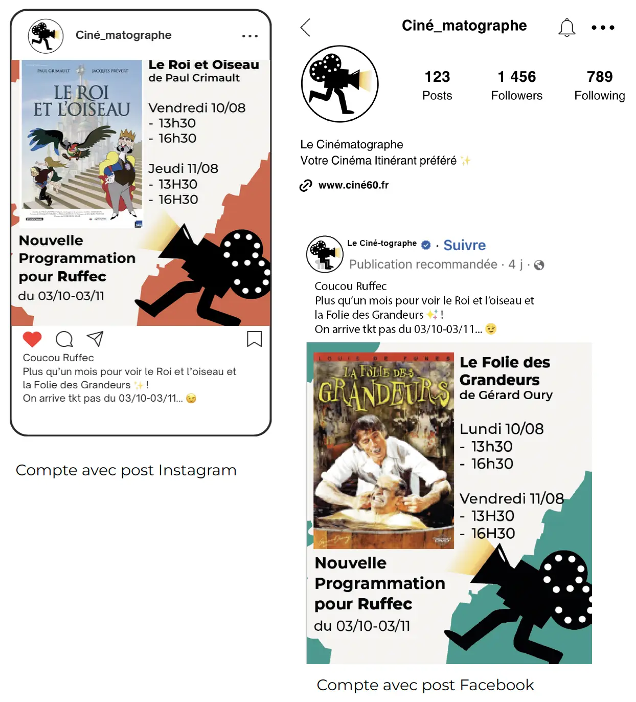 Post Facebook et Instagram sur les film du mois : La Folie des Grandeurs et Le Roi et l'Oiseau